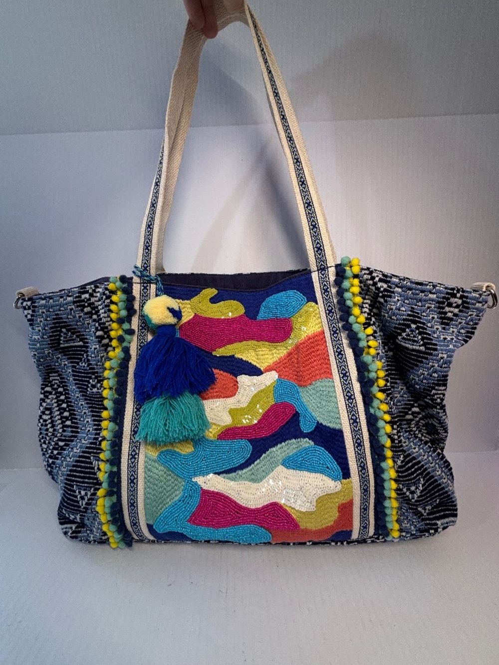 NWOT American & Beyond Boho Beaded Tote Bag w/ Tassel Denim Blue Pom Pom